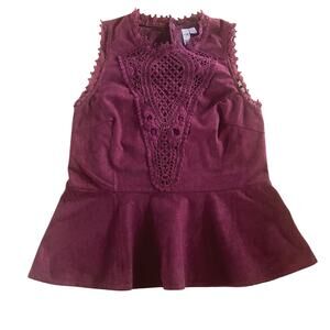 Alya Dark Romantic Burgundy Crochet Faux Suede Peplum Top | Women’s Large